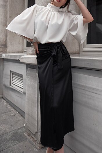 Hisleria Waist Tie Satin Midi Length Black Skirt