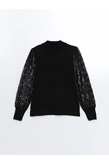 LC Waikiki Lcwaikiki Classic Black Half Turtleneck Lace Detailed Women's Knitwear Sweater