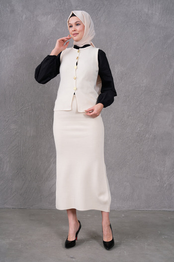 WOMAN VISION High Waist Midi Skirt and Sleeveless Vest - Ecru Knitwear Set 5155