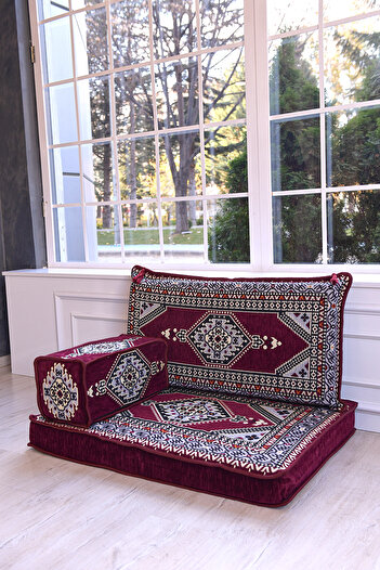 BAKIRÖZÜ HOME Şark Köşesi Takımı , 95 Cm Yer Minderi Takımı Bordo Yahyalı Modeli (3 Parça)