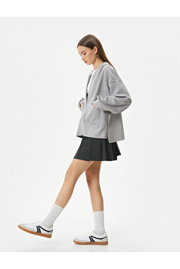 Koton Hooded Shirt Oversize Zippered Pocket Detailed Suede Look
