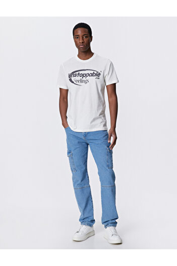Koton T-Shirt με στάμπα σλόγκαν Slim Fit Crew Neck Βαμβακερό
