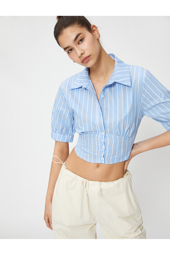 Koton Crop Shirt Balloon Sleeve Fűző Derék Gombos Pamut