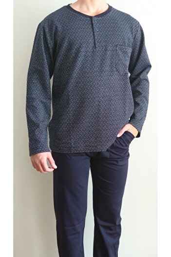 Reyhanlar Men's 96% Cotton Front Pocket & Small Diamond Pattern Detail Winter Long Sleeve Pajamas Set
