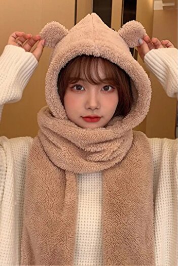 İpek Tekstil Winter Bear Hat Kerchief Versatile Cute Plush Ear Protection Scarf