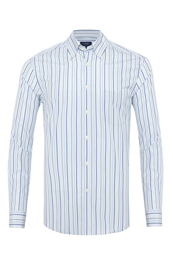 Germirli Blue Navy Blue Striped Buttoned Collar Pocket Tailor Fit Cotton Shirt