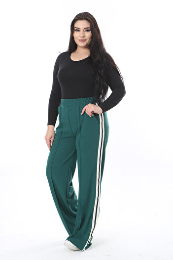 Şans Women's Plus Size Green Thick Fabric Wide Leg Side Stripe Sweatpants Bottom 65N38503