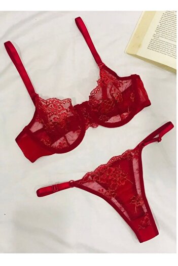mendoza store Embroidery Red Glitter Thong Panties (Adjustable Clasp Panties) Impressive Bra Set