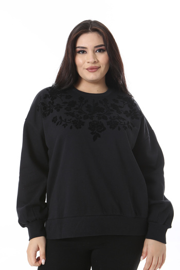 Şans Women's Plus Size Black 3 Thread Raster Flocked Printed Sweatshirt 65N38646