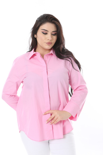 Şans Women's Plus Size Pink Hidden Placket Button Cotton Shirt 65N38549