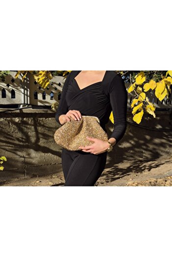 BAYSAN TİCARET El Örgüsü Abiye Çanta, Gold Metalik Clutch El Çantası