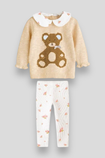 Magu Knitwear Teddy Patterned Baby Lapel Sweater Leggings Girl's Bottom-Top Set
