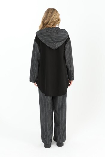 Puane Anthracite Cap 10551 - Women's Striped Hooded and Pocket Detailed Buttoned Coat