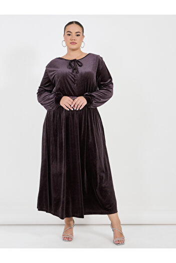 Styli Plus Size Embroidered Waistband Velvet Look Maxi Dress