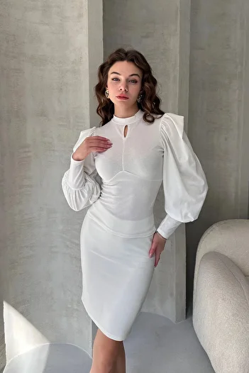 bacc Γυναικεία Λευκή Μπλούζα Kiss Collar Princess Sleeve Crep Bcdf-242137