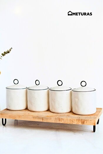 Meturas Modern Lina Line Kitchen Silicone Vacuum Lid Porcelain Spice Rack Set 4 Pieces - 400 ml