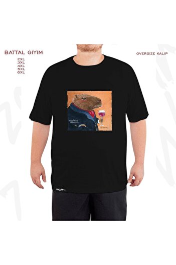 ZOKAWEAR Θα Bullas Oversize Capybara Cabernet εμπριμέ μαύρο μπλουζάκι - Battal Kalıp