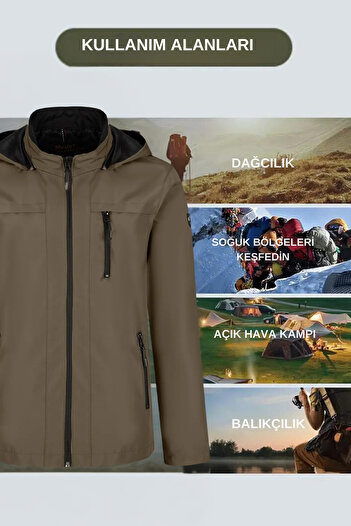 CIVILTIPOLO Yeşil %100 Su Ve Rüzgar Geçirmez Içi Kürklü Fermuarlı Iç Cepli Gore-tex Softshell Erkek Mont