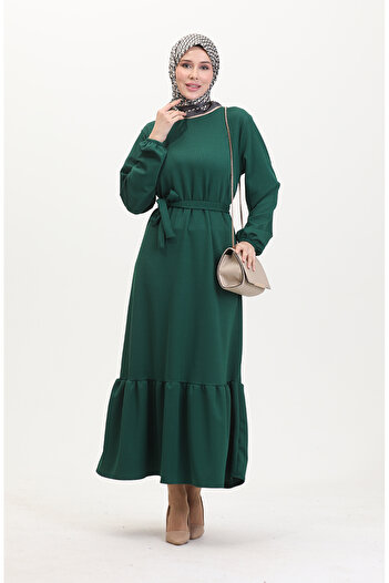 sefamerve Twist Fabric Ribbed Ruffled Dress 0528-07 Green