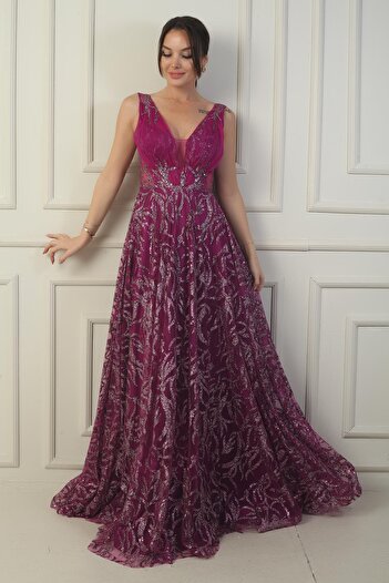 By Saygı Women's Front Back V Neck Chest Pleated Back Lace up Lined Glitter Flock Print Long Evening Dress