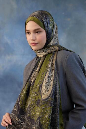 İpekhan Khaki Green Indian Voile Shawl - 5002-05