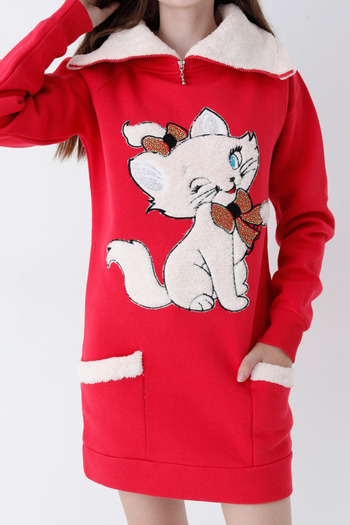 İntensive Young Girl Red Cat Printed Zipper Hooded Cotton Sweatshirt