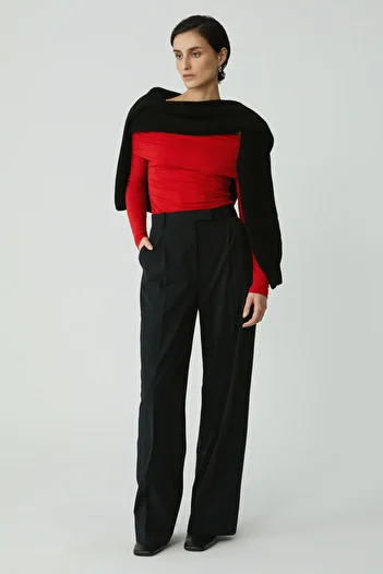 ETHIQUET Modest Babel Women's Slim Fit Tight Fit Gathered Detail Boat Neck Long Sleeve Red Blouse