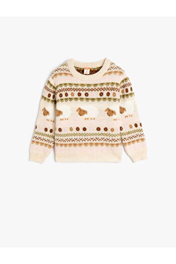 Koton Crew Neck Long Sleeve Sweater - Lamb Pattern
