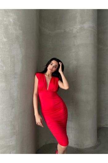 Serica Moda Draped Midi Dress with Padded Shoulder