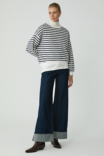 ETHIQUET Sahra Modest γυναικεία φλις βαμβακερή μπλούζα oversize - Navy Blue / Εκρού