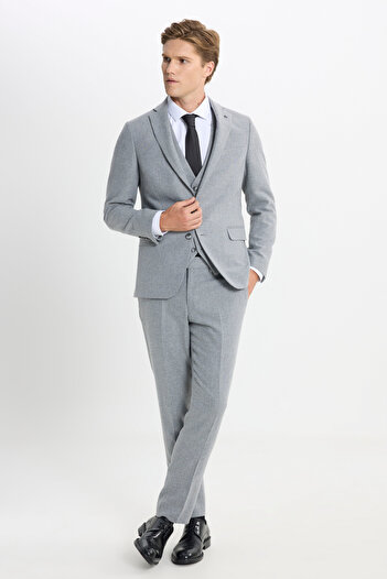 ALTINYILDIZ CLASSICS Men's Gray Wool Slim Fit Slim Fit Mono Collar Print Vest Suit