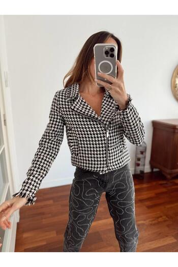 Maldia Shop Women's Zippered Tweed Fabric Houndstooth Bomber Jacket