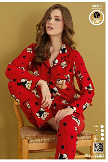 HS İÇ GİYİM Women's Luxury Suede Long Sleeve Buttoned Pajama Set – Elegance and Comfort Combined