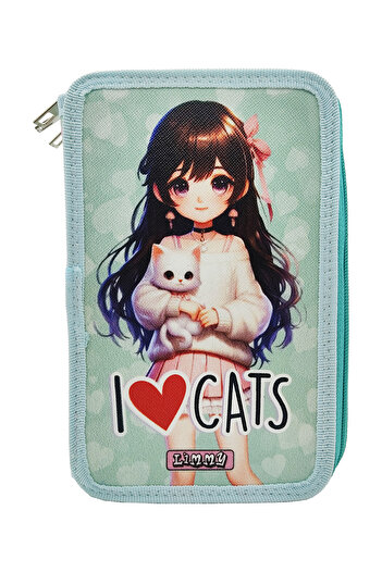 Limmy XL Jumbo Model Kedili Kız Kalem Kutusu Organizer Kalemkutu 3 Bölmeli Kalemlik Yeşil