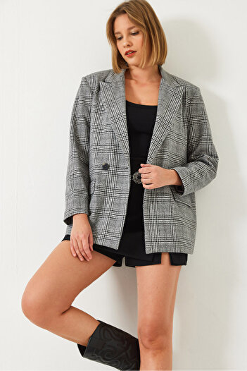 Bianco Lucci Women's Plaid Patterned Stamp Oversize Jacket 5046 60261079