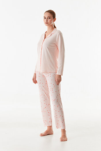Fulla Moda Kalp Desenli Gömlek Yaka 2 Li Pijama Takımı