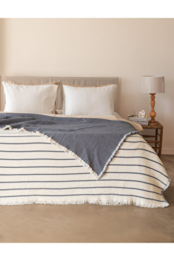 Lux Touch Alaçatı Anthracite 100% Cotton Muslin Soft Fiber Filled Bedspread Double 230X250 cm