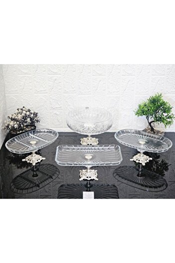 atabey home collection 4-Piece Striped Dowry Set - 3 Presenter Holders and 1 Salad Bowl