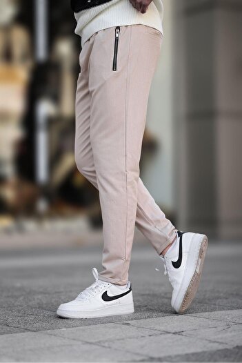 Madmext Beige Zipper Detailed Men's Trousers 6520