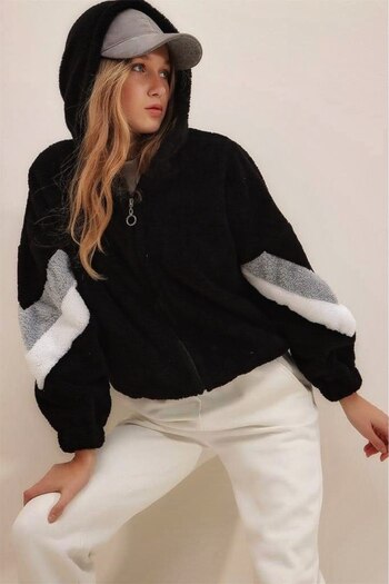 Nulivez Oversize Plush Coat with Hooded Zipper Sleeves Color Block
