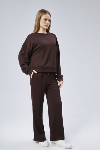 soBasic Wide Leg - Ribbed Detail Crew Neck Elastic Waist Modal Tracksuit Set - Brown
