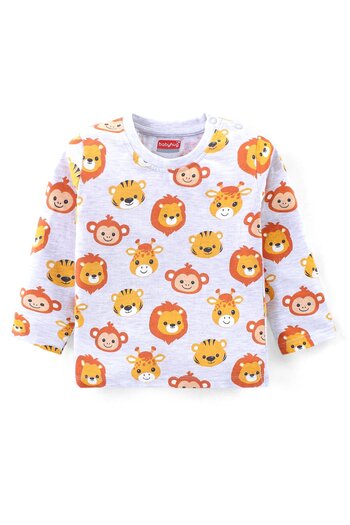 Babyhug - Cotton Knit Full Sleeves T-Shirt with Animal Print - Grey