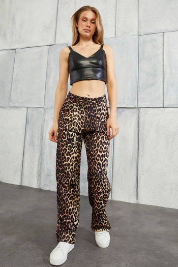 BILDEŞA Women's Leopard Print High Waist Wide Leg Lycra Palazzo Pants