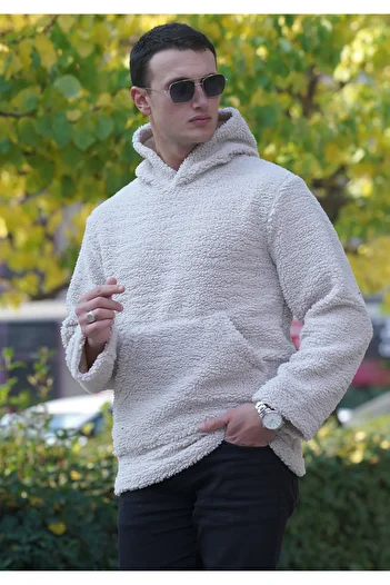 Exve Exclusive Beige Plush Fur Winter Hooded Cotton Lycra Winter Regular Fit Hoodie Sweatshirt