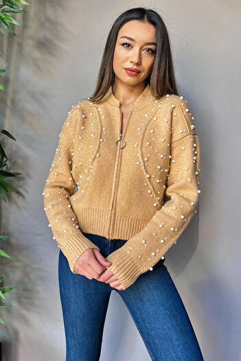 GÜLSELİ Biscuits Modern Design Pearl Printed Zippered Women's Jacket Cardigan