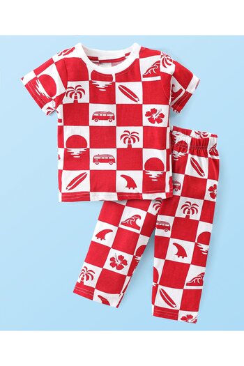 Babyhug Cotton Knit Half Sleeves  Co Ord Night Suit with Beach Theme Print - Red & White