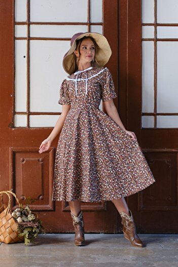 KÜÇÜĞÜM BUTİK Vintage Mobile Collar Brown Floral Balloon Sleeve Flared Dress (Dese-Collar)