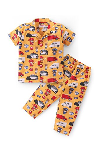 Babyhug Cotton Woven Half Sleeves Night Suit With Teddy & Vehicles Print - Yellow