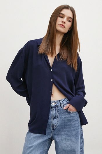 Never more Navy Blue Viscose Basic Shirt
