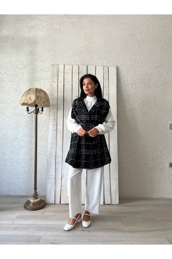 KÜÇÜĞÜM BUTİK Black Oversize Tweed Women's Poncho